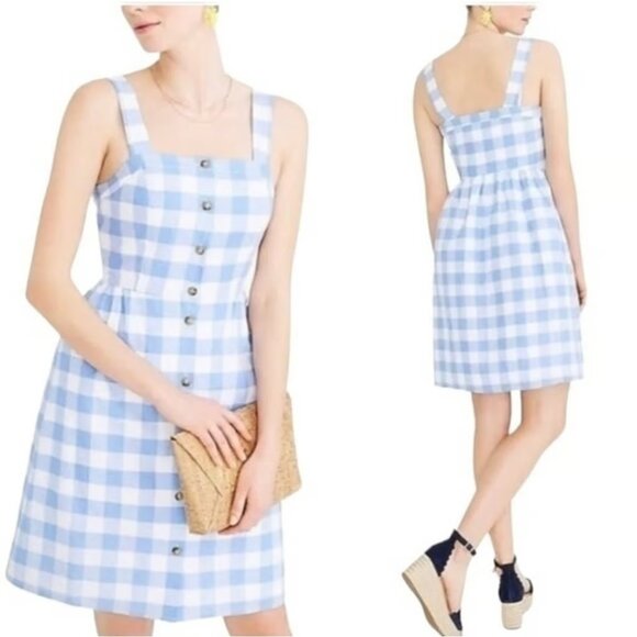J. CREW Blue and White Gingham Linen Cotton Blend Button Front Dress Sz. 10 - Picture 1 of 4